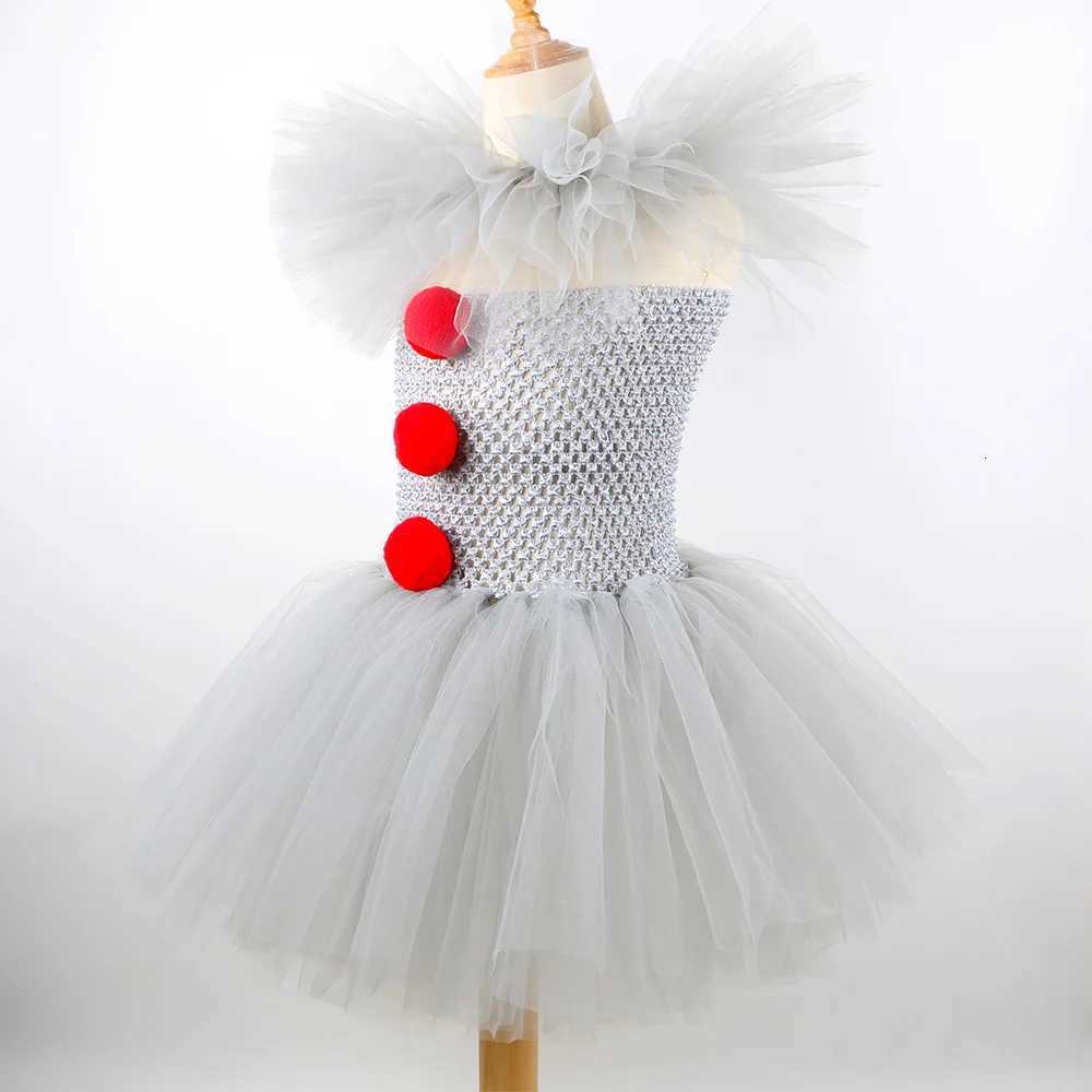 Girls Gray Joker Costume Handmade Mesh Tutu Dress Kids 2024 Halloween Carnival Cosplay Par Creepy Clown Children Clothes Z250725