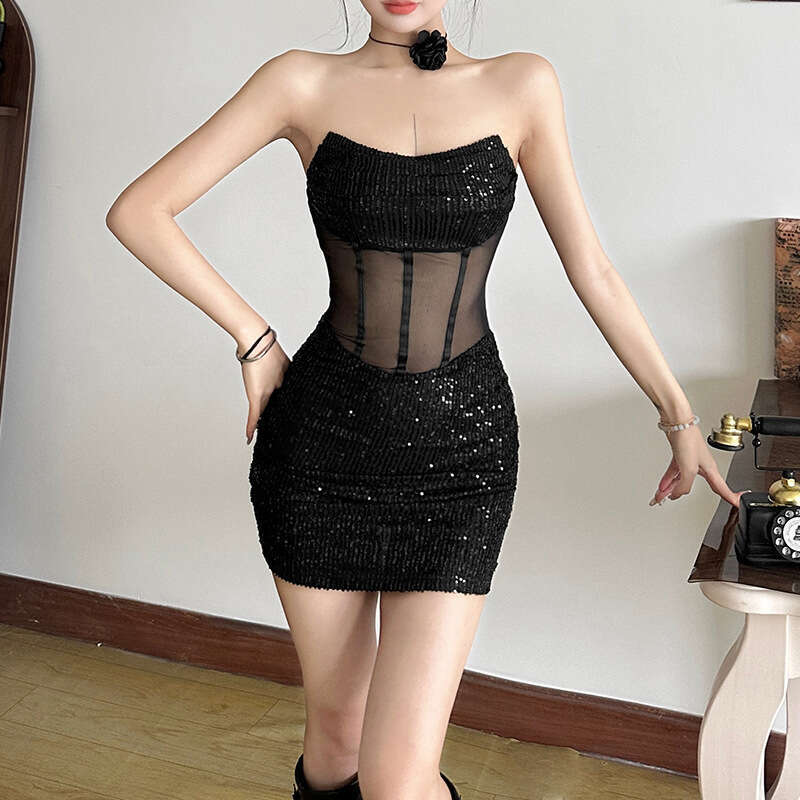 2024 Autumn Winter New Women's Solid Color Slim High Waist Fashion Off-Shoulder Tube Dress d68