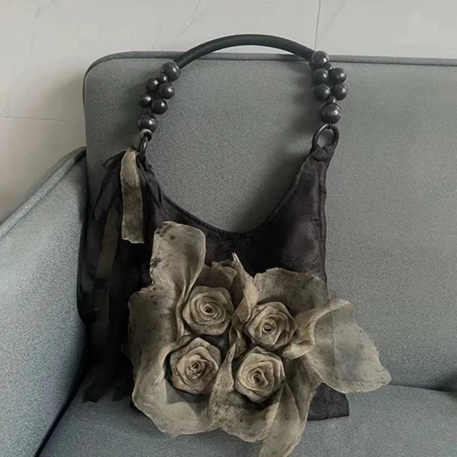 Chinese Style Rose Decor Shoulder Bags Fi Cmuter Tote Bags Classic Pleated Handbags High Quality Wen Underarm Bags Y250725