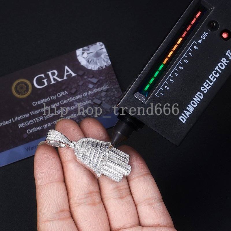 Factory Custom Iced Out Moissanite Hamsa Pendant Necklace S925 Silver with 18K Gold Plating Emerald Cut Hip Hop Jewelry Necklace