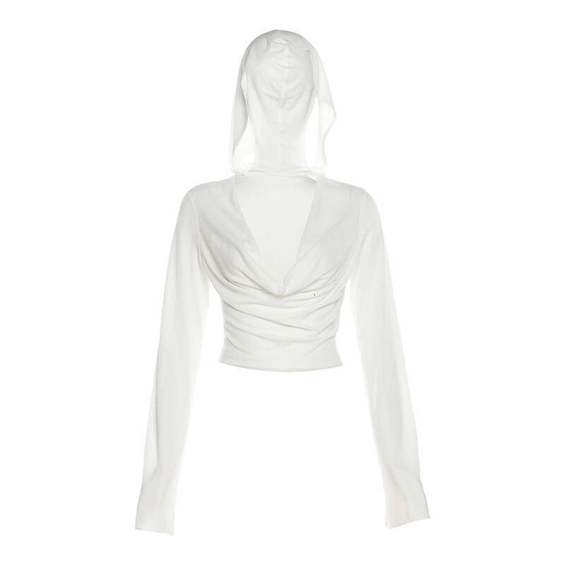 2023 Spring New Women's Solid Color Slim Fit Crop Top Fashion V-neck Hooded Long Sleeve Sun Protection Shirt 7bf