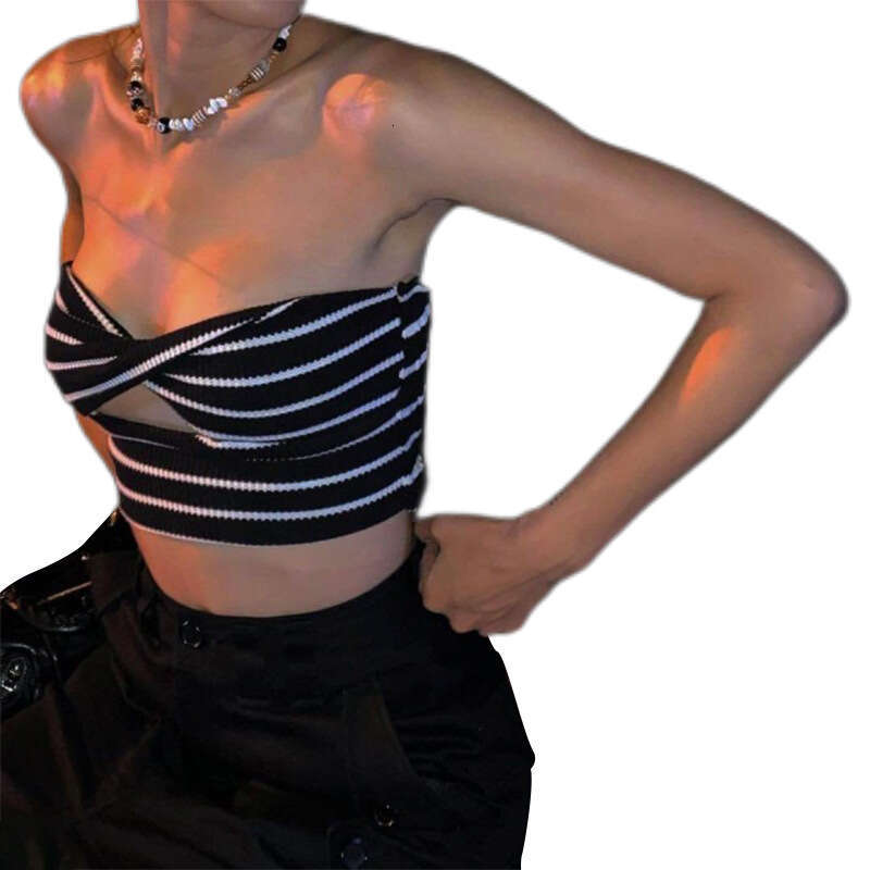 2022 Summer New Women's Street Fashion Striped Sexy Hollow Out Crop Top 2a7