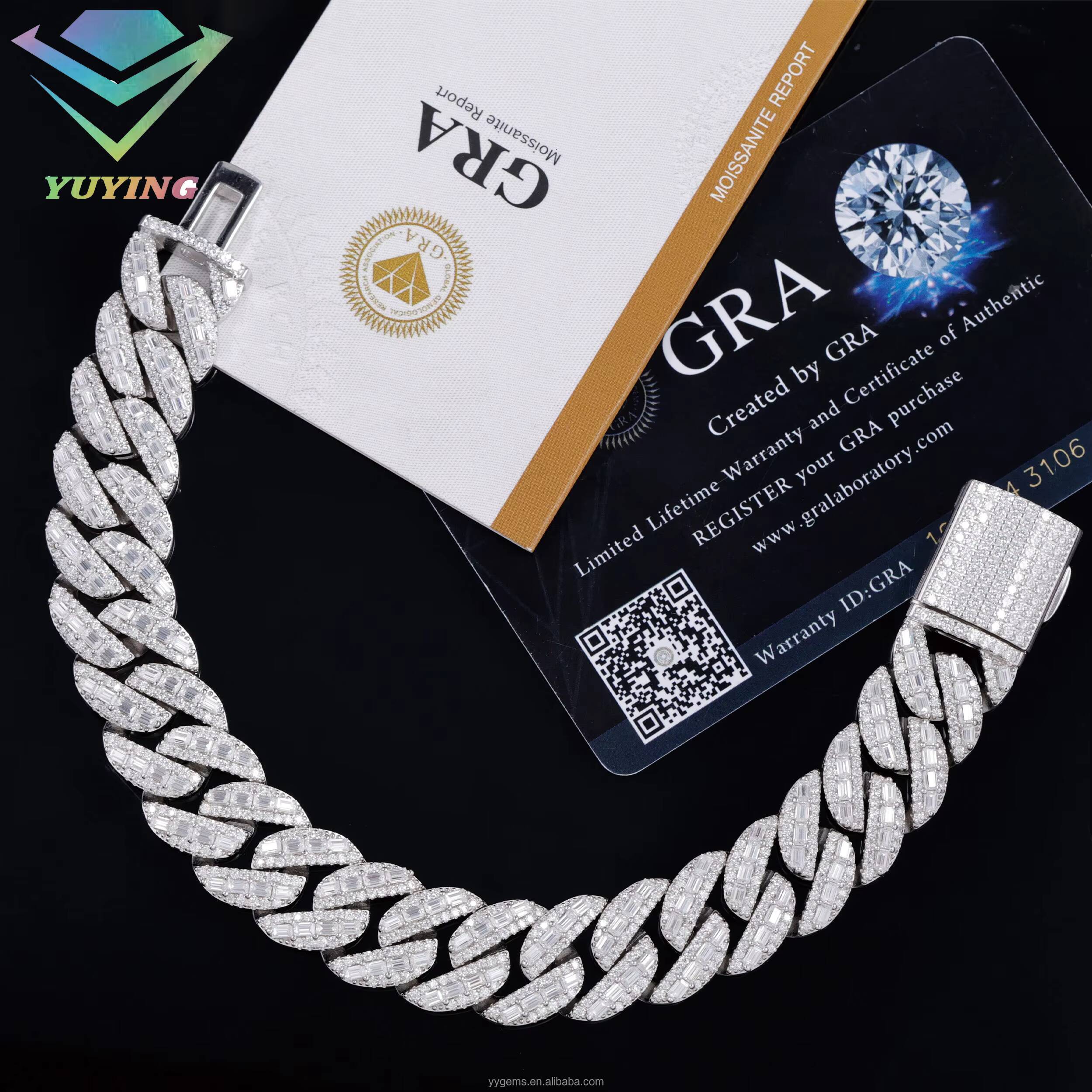 RTS Luxury Necklaces 15mm 18mm S925 Sterling Silver Baguette Moissanite Diamond Cuban Link Chain Hip Hop Necklace