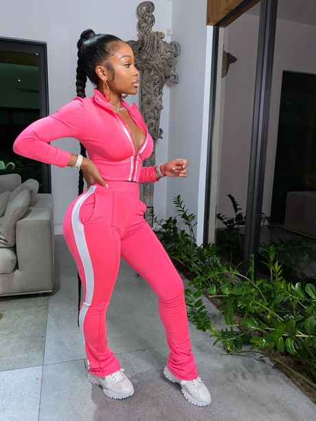 Womens Solid Color Patchwork Fashion Sports Casual Two-Piece Set