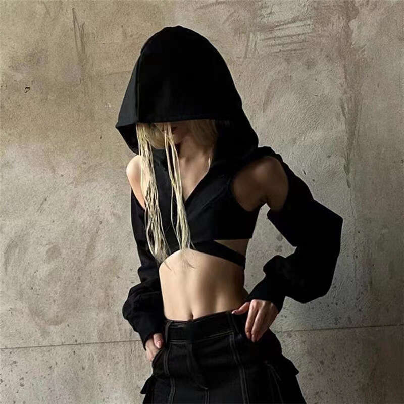 2023 Summer New Women's Fashion Solid Color Slim Fit Crop Top Fashionable Hooded Long Sleeve T-Shirt for Women 485
