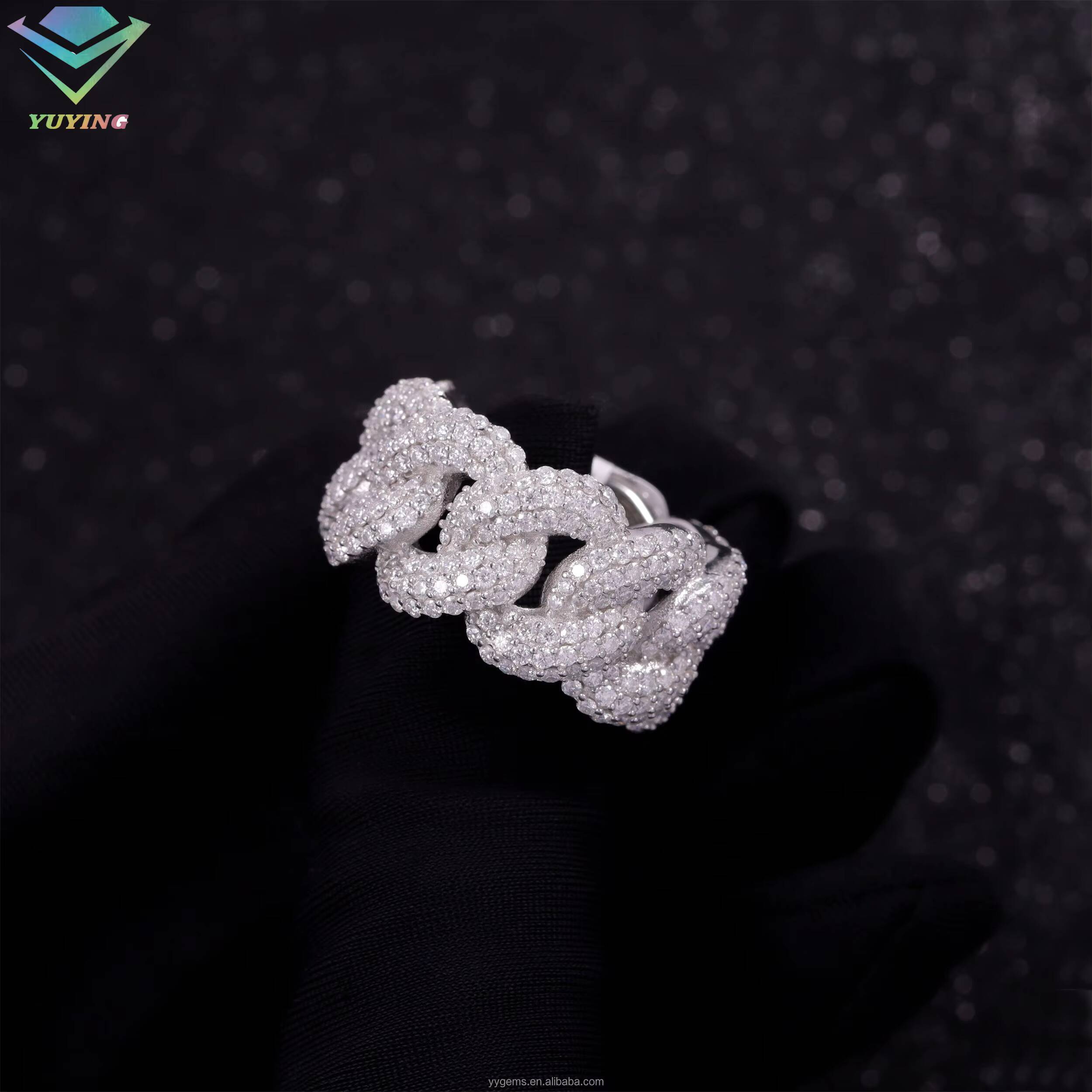 Yu Ying Pass Diamond Tester Hip Hop Bling D Color Moissanite Iced Out Mens 3 Rows Cuban Link Ring With 925 Sterling Silver GRA