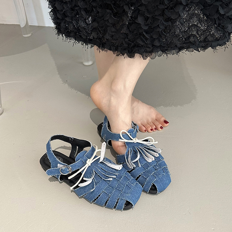 Ddmysports French Style Closed Toe Sandals For Women Summer New Hollow Woven Roman Fashion Tassel Flat Pig Cage Shoes Outdoor Shoes