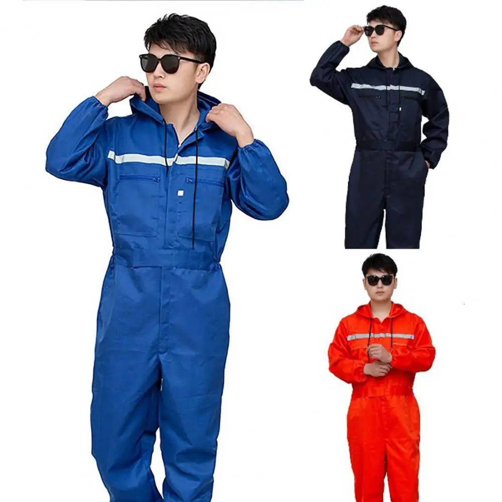 Unisex Work Overalls Hooded Drawstring Wearresistant Reflective Zipper Clothes Loose Pockets Safety Worker Coveralls 250725