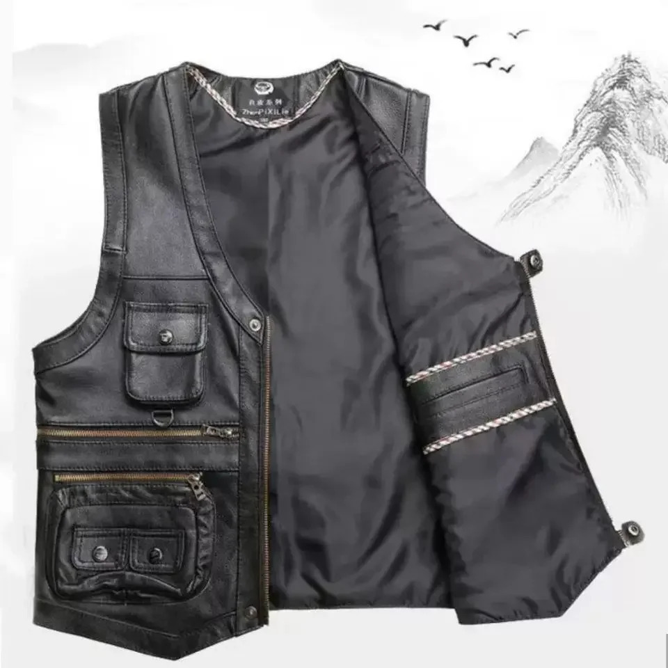 2025 Cowhide Genuine Leather Man Vest Waistcoat Male clothing Jacket Thick Motorcycle Multi Pocket leather biker Men safety vest 250725