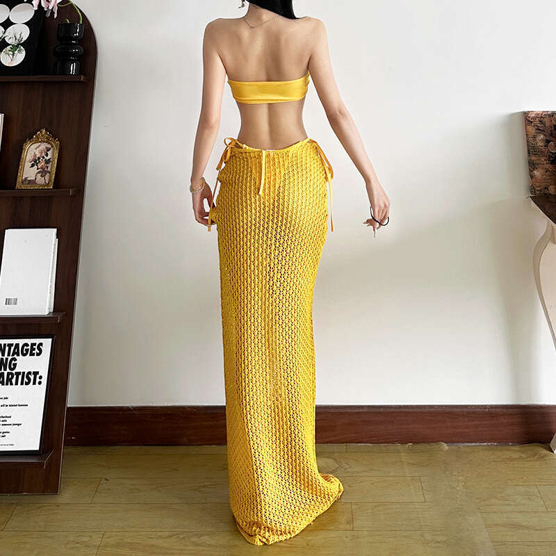 2025 Spring New Turmeric Strapless Bikini with 3D Flowers Beach Swimsuit Set 92d