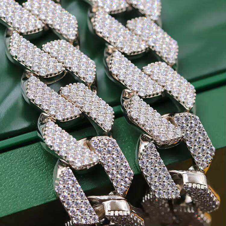 Lightweight and Suitable for Everyday 925 Silver 18mm 3Rows Cuban Chain CZ Diamond Necklace Cuban Link Chain