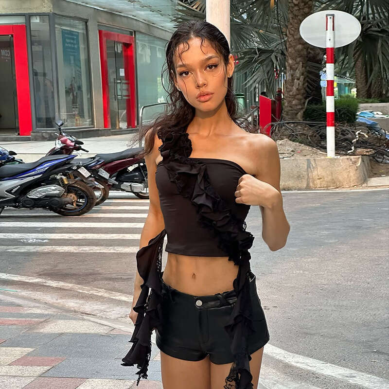 2025 Spring New Women's Solid Color Slim Fit Street Fashion Single Shoulder Sleeveless Backless Vest 22c