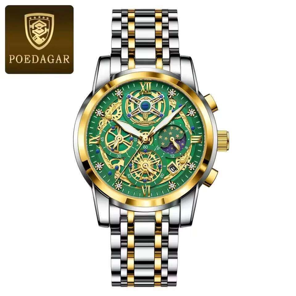 DHgargets POEDAGAR Watches Chronograph Date Stainless Steel Watch for Men Waterproof Luminous Quartz Men's Reloj