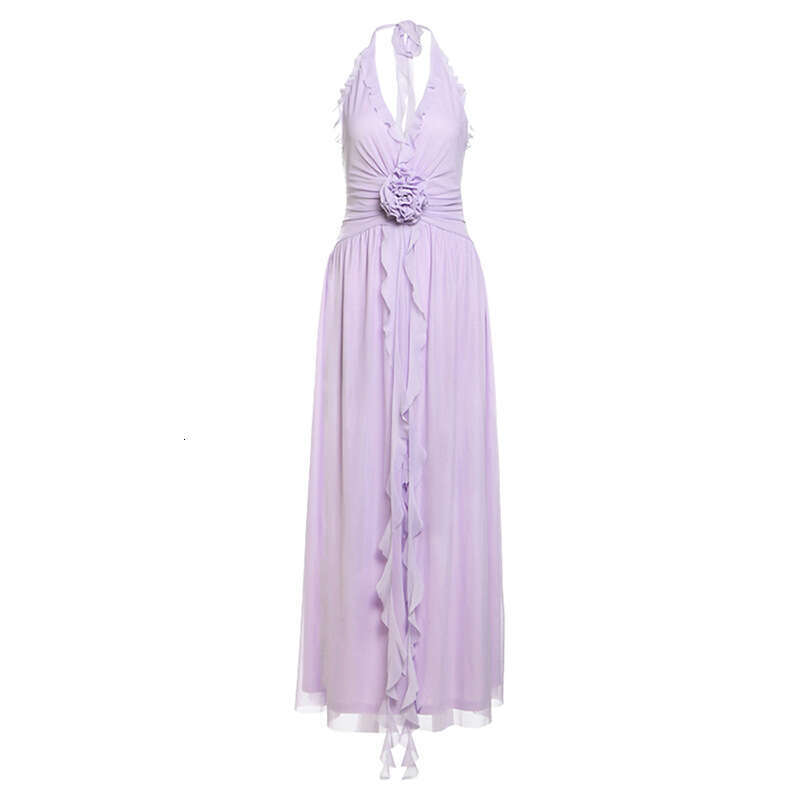 2025 Summer New Style Elegant Halter Neck Waist-Cinching Backless Fashion V-Neck Slit Dress for Women 202