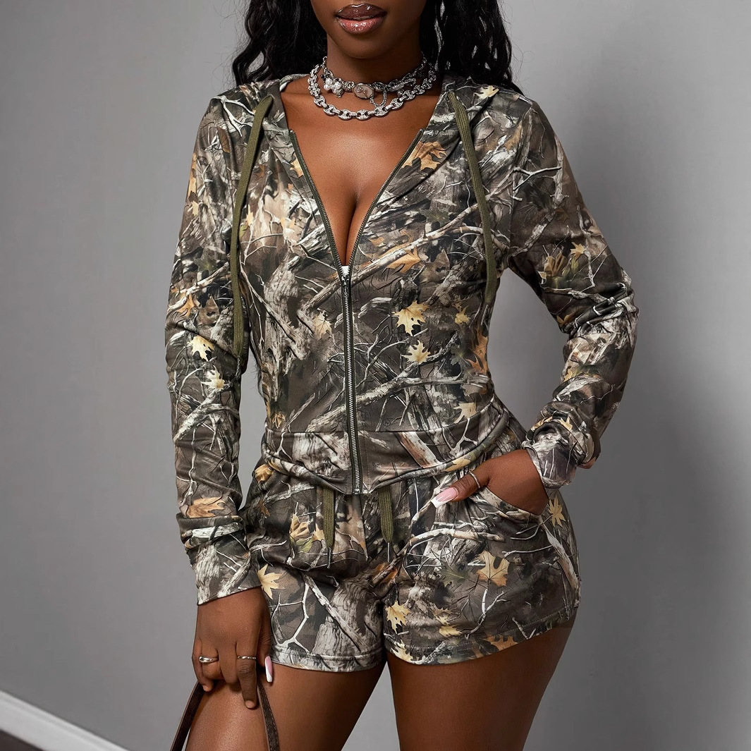 2025 Summer Sexy Slim Fit Camouflage Branch Shorts Zipper Womens Set