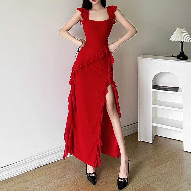 2023 Autumn Winter New Sexy Fashion Backless Strap Mid-Length Slit Dress 933