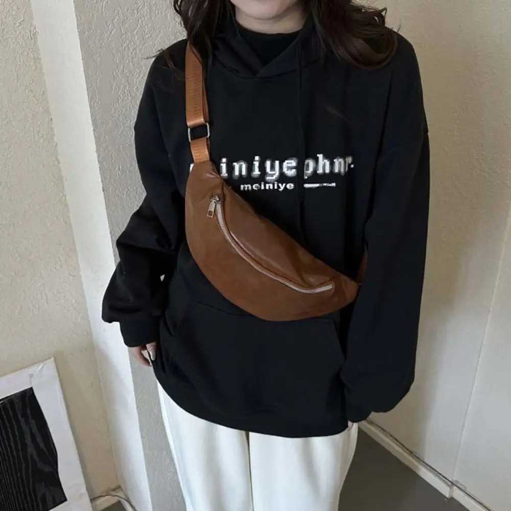 Casual Fanny Packs PU Leather Bag Solid Color Korean Style Banana Bag Large Capacity Half Moon Bag Crossbody Waist Pack Sport Y250724