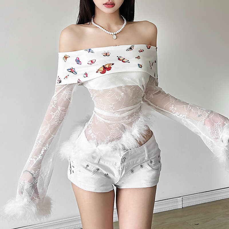 2024 Autumn New Fashion Sexy Off-Shoulder Long Sleeve Mesh Irregular Top 9c8