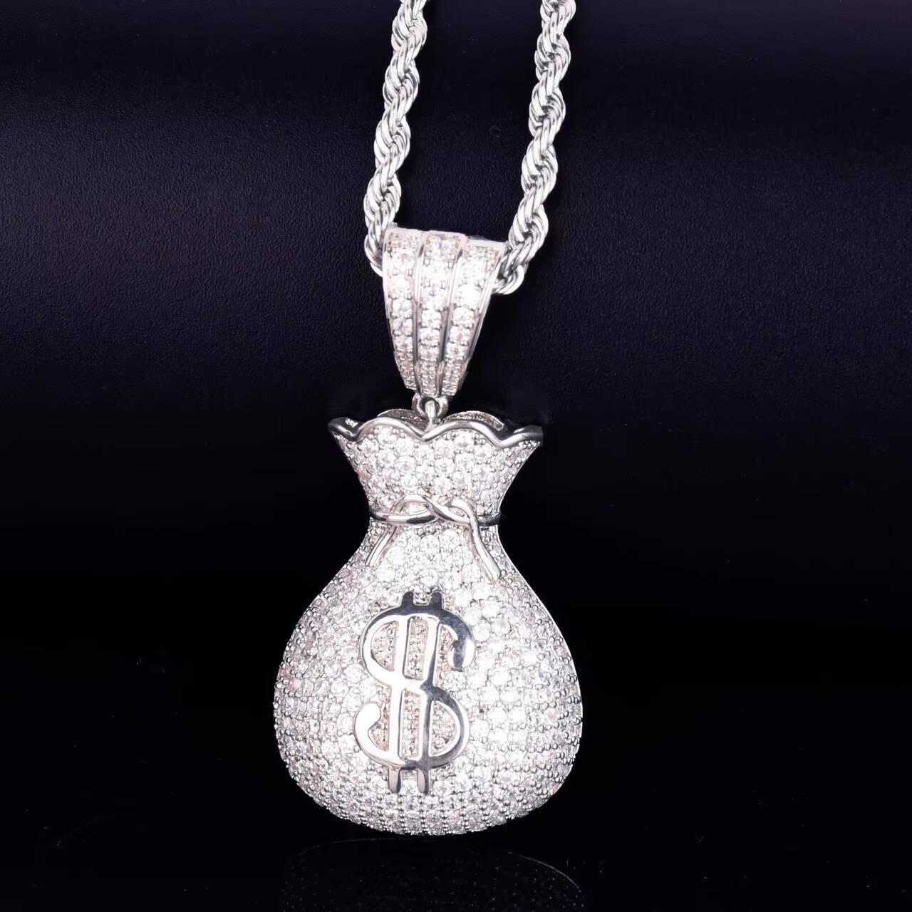 Hip Hop Style Mens Womens 18K Gold Moissanite Pendant Necklace with Silver Dollar Sign Money Bag Jewelry Charms