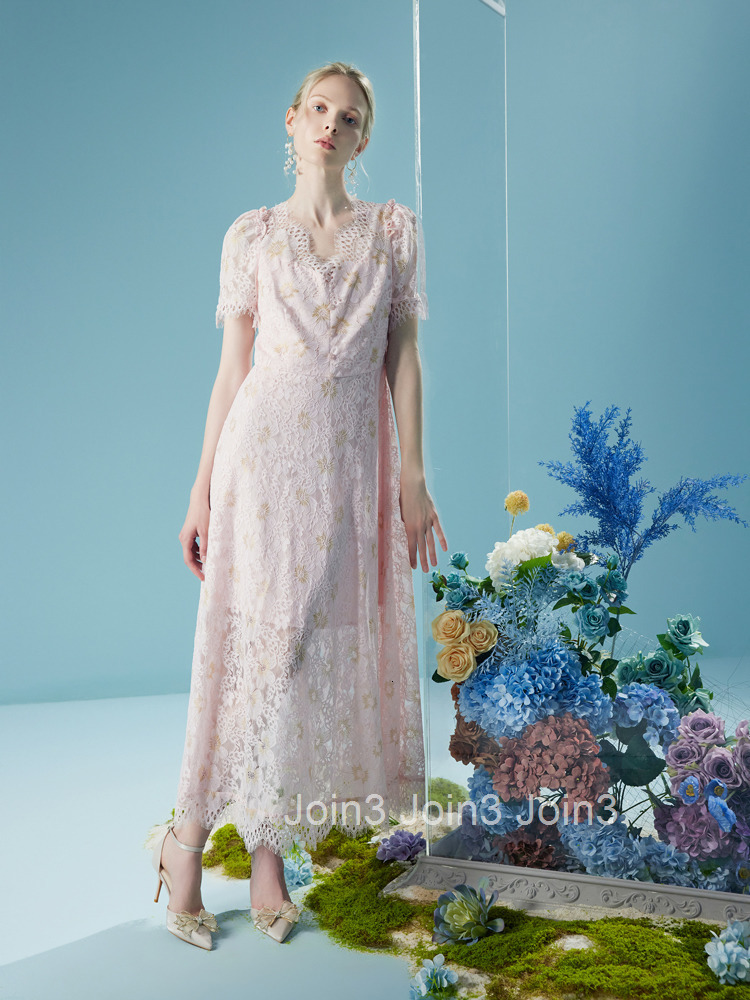 Summer New Lace Patchwork Floral Pink Dress Light Luxury Elegant French Long Dress 6210