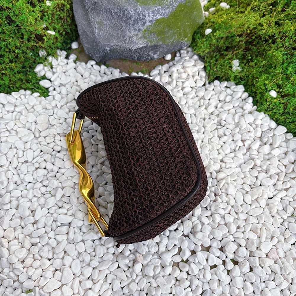 Metal Handle for Women Half Moon Rattan Woven Chain Shoulder Bag Bohemian Travel Beach Bag Designer Crossbody Handbag Y250725