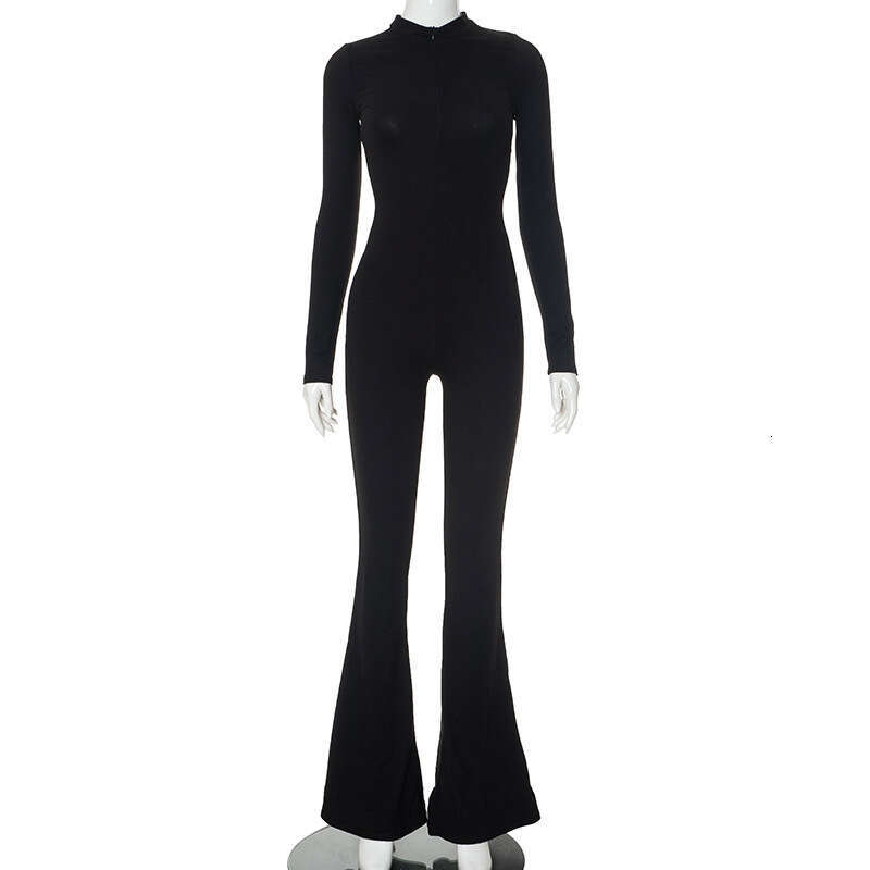 M23jp494 Women's Autumn New Solid Color Round Neck Zipper Slim Fit Flared Long Jumpsuit Casual Pants B5