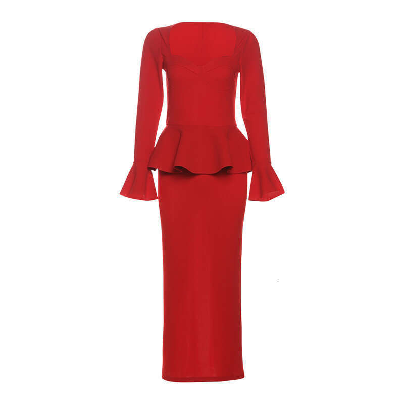 2024 Autumn New Women's Solid Color Slim Street Fashion Square Neck Long Sleeve Split Dress 132