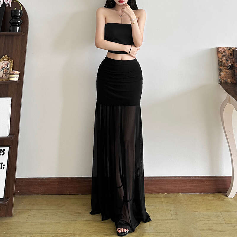 INS Style 2025 Spring New Women's Solid Color Slim Fit Fashion High Waist Mesh Skirt 29a