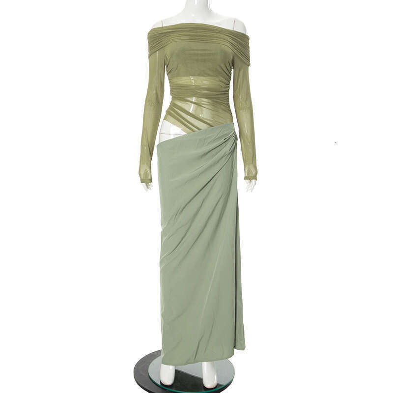 Yds274 Women's Summer New Solid Color Sleeve Off-Shoulder Sexy Bodycon Patchwork Long Dress B5
