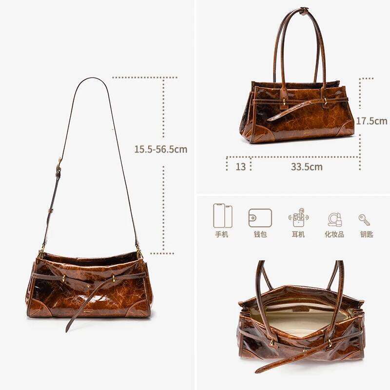Genuine Boston Women's 2025 New Oil Wax Leather Baguette Bag Shoulder Crossbody Vintage Large Capacity
