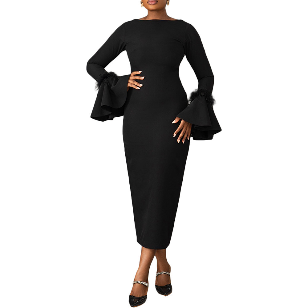 Uoozee Spring Elegant Banquet Dress Fashion Solid Color Feather Sleeves A-line Party Ball Long Dress 241019