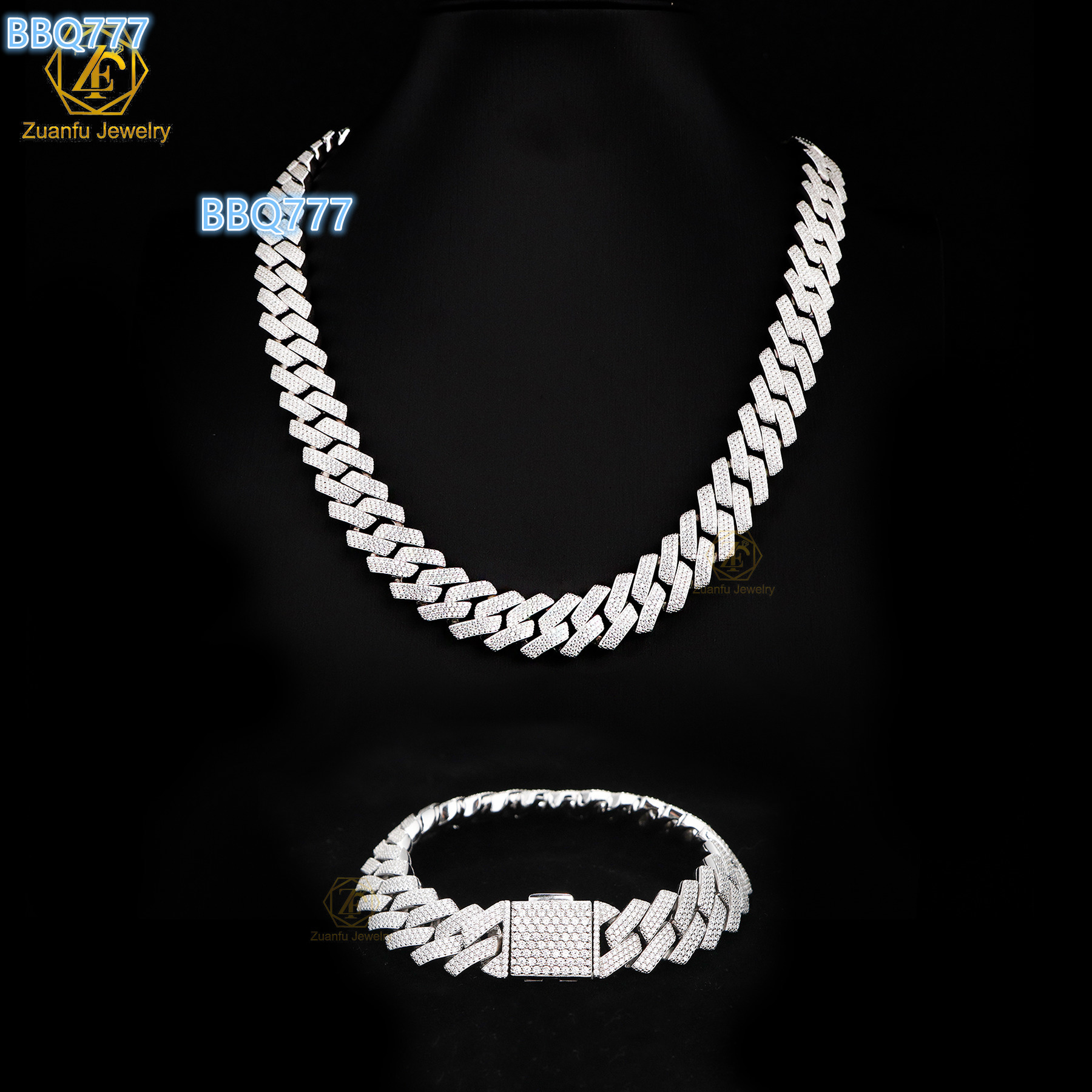 RTS 15mm 3-Rows Ice Out Diamond Hip Hop Moissanite Fine Necklaces 925 Sterling Silver White Gold Cuban Link Chain for Men