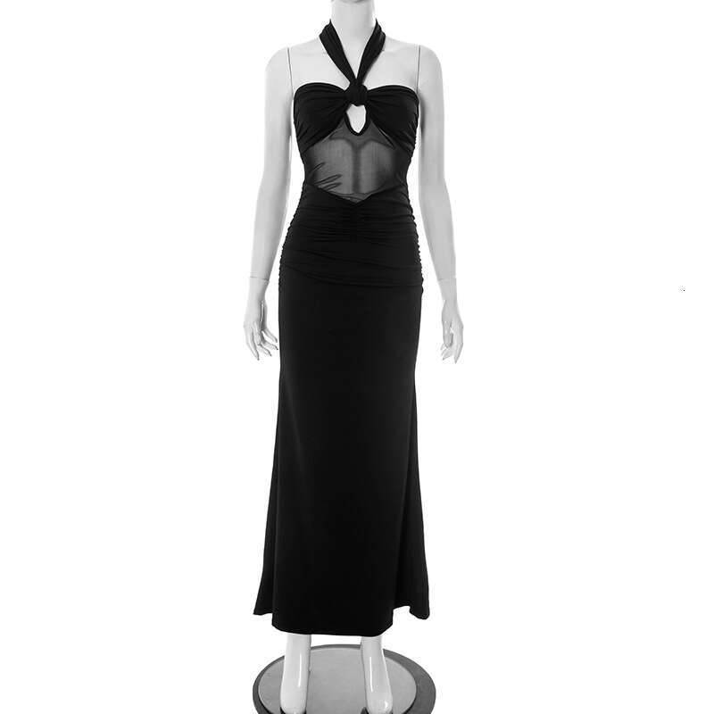 Y25ds1 Women's Spring Summer New Solid Color Halter Backless Sheer Sexy Dress B5