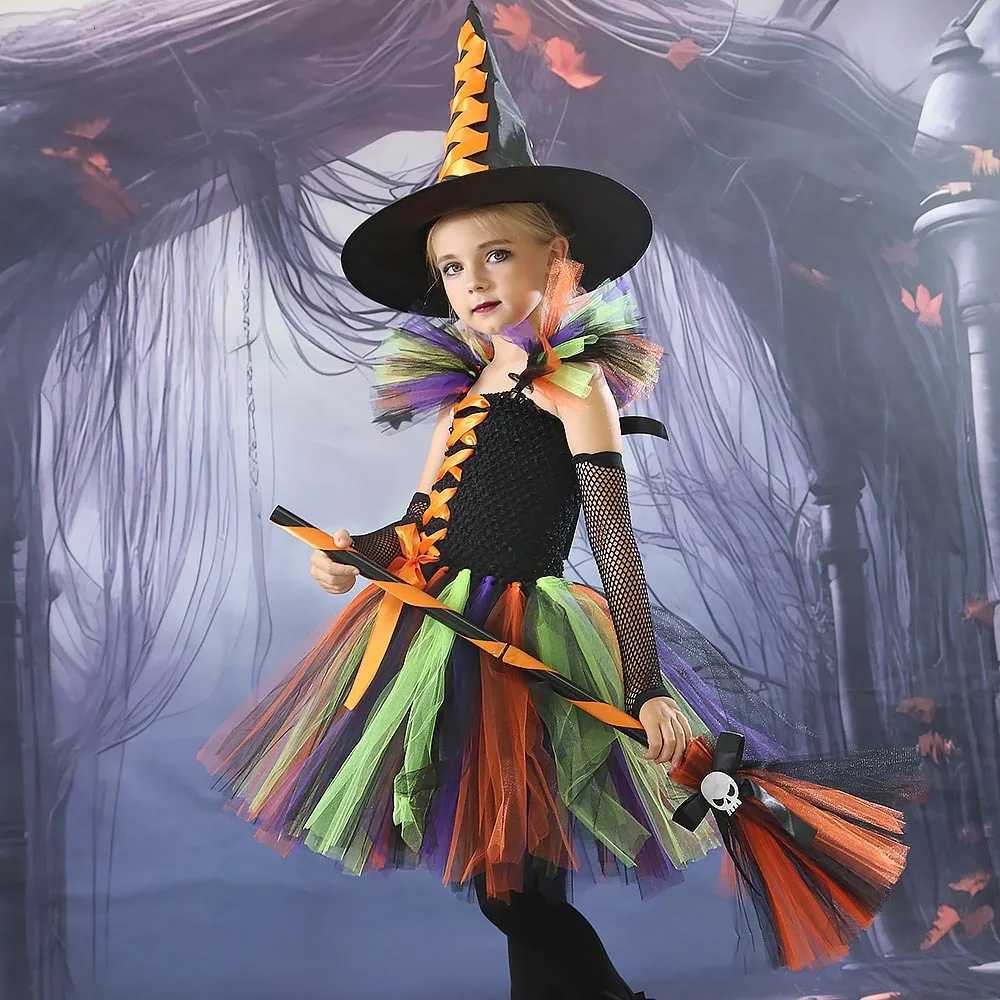Halloween Childrens Witch Costume Purple Orange Pink Tulle Tutu Dress with Hat Joker Demon Dress-Up for Carnival Parties Z250725