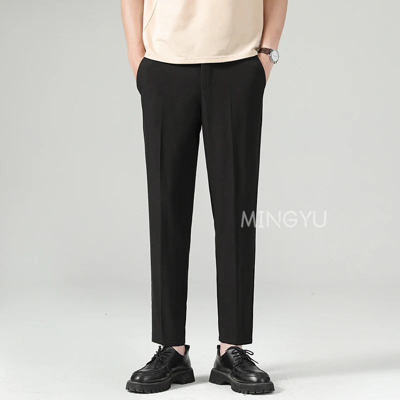Summer Thin Suit Pants Men Business Elastic Waist Formal Korean Social Slim Work Office Ankle Length Long Trousers Male 250725