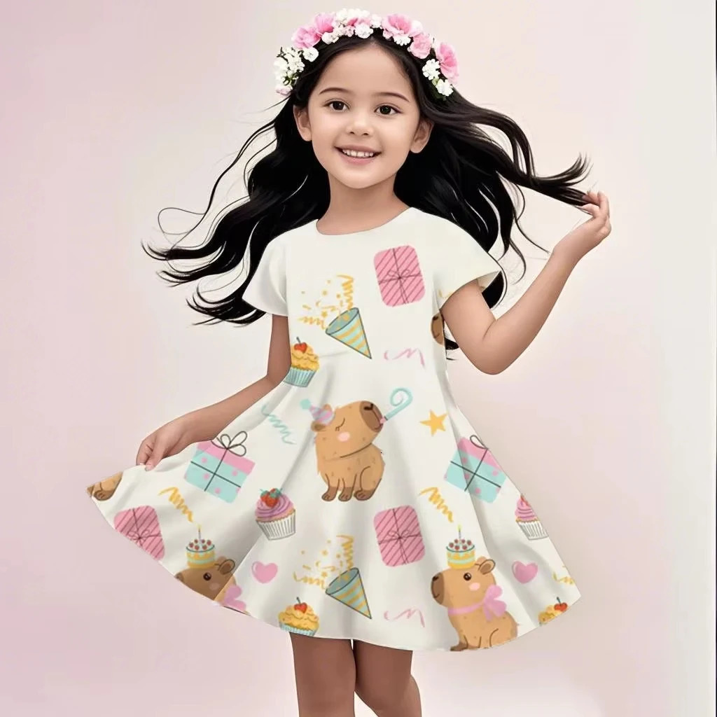 Cute Sunshine Capybaras Summer Round Neck Children Dress Girl Short Sleeve Doll Birthday Gift Princess Dress 250725