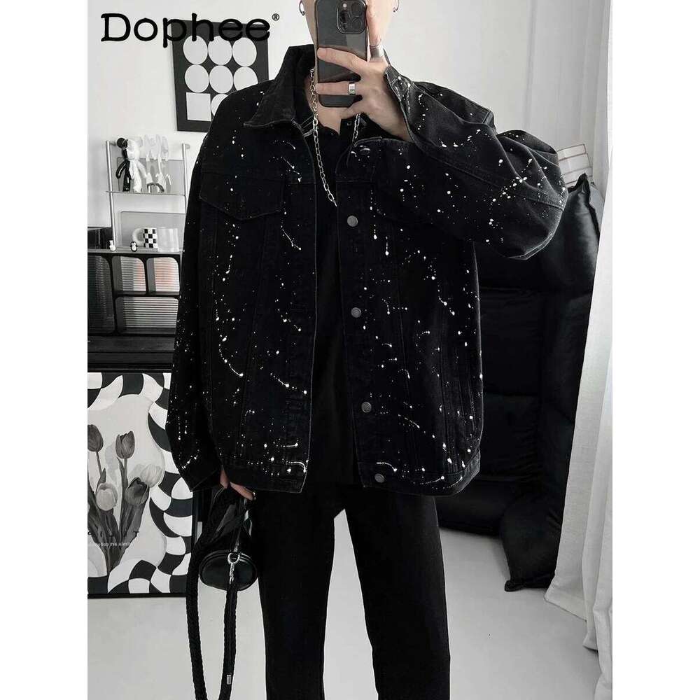 Men's 2025 Spring Autumn Loose Trendy Male Handsome Long Sleeve Tooling Coats Casual Denim Jacket Splash Ink Point Jackets