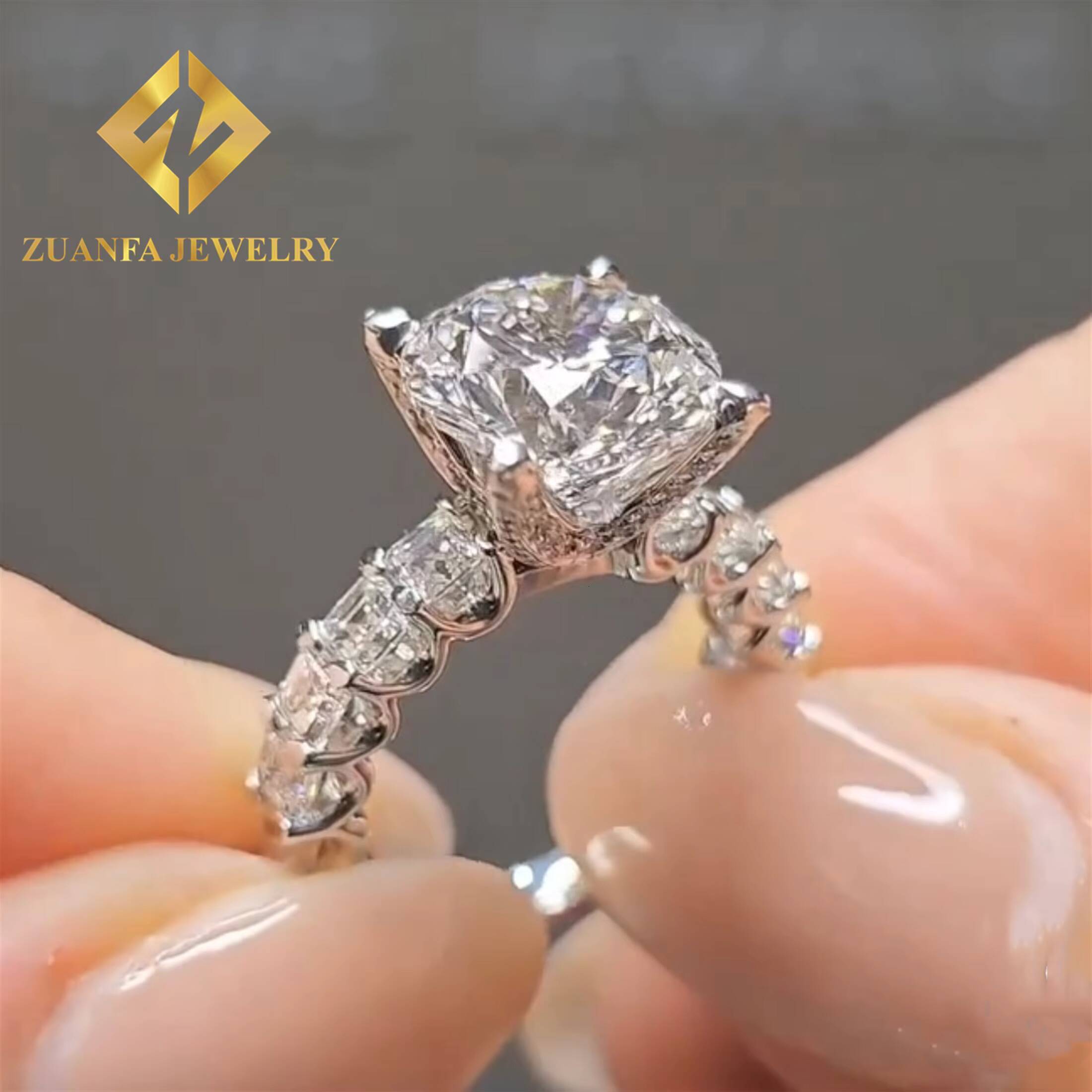 Customized Wedding Ring Round Cut +Asscher Cut Luxury Design Half Moissanite Band 10K White Gold Engagement Ring Custom Design