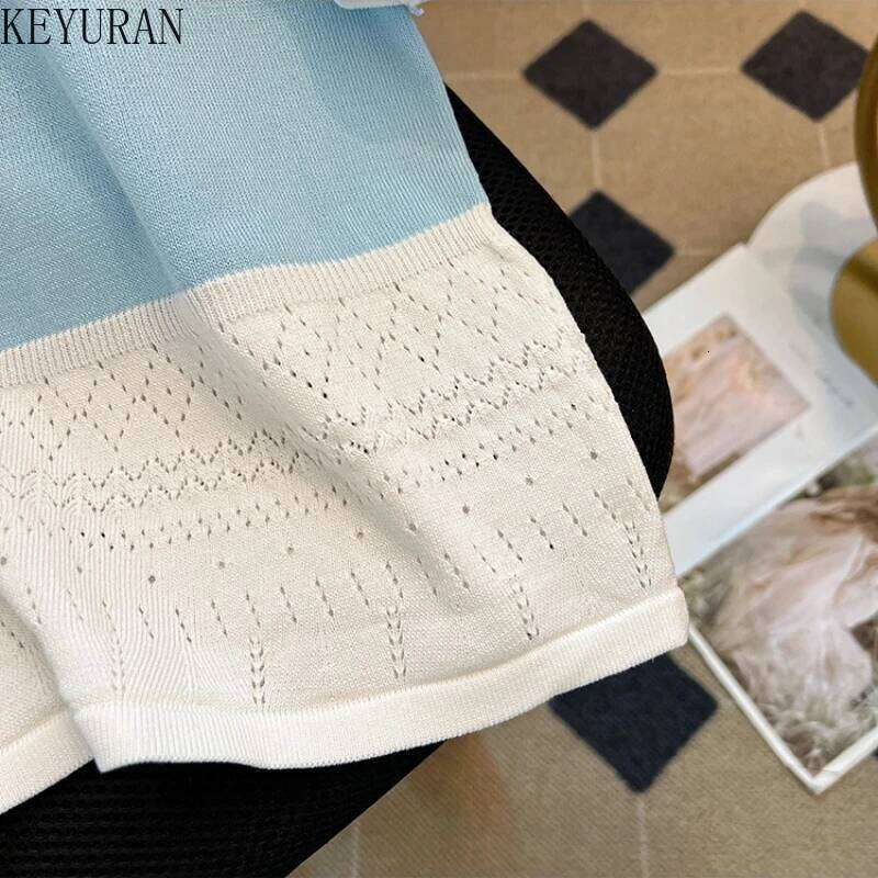 Designer Leisure High Quality 2025 Summer Thin Ice Silk Knitted Sweater T-shirt Women Round Neck Short Sleeve Patchwork Pullovers Knitwear Tops Ladies