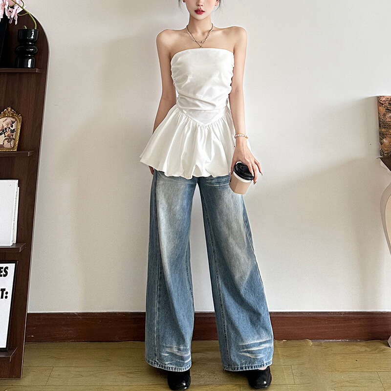 2025 Summer New Slim Fit Elegant Solid Color Sleeveless Backless Ruched Tube Versatile Women's Top c58