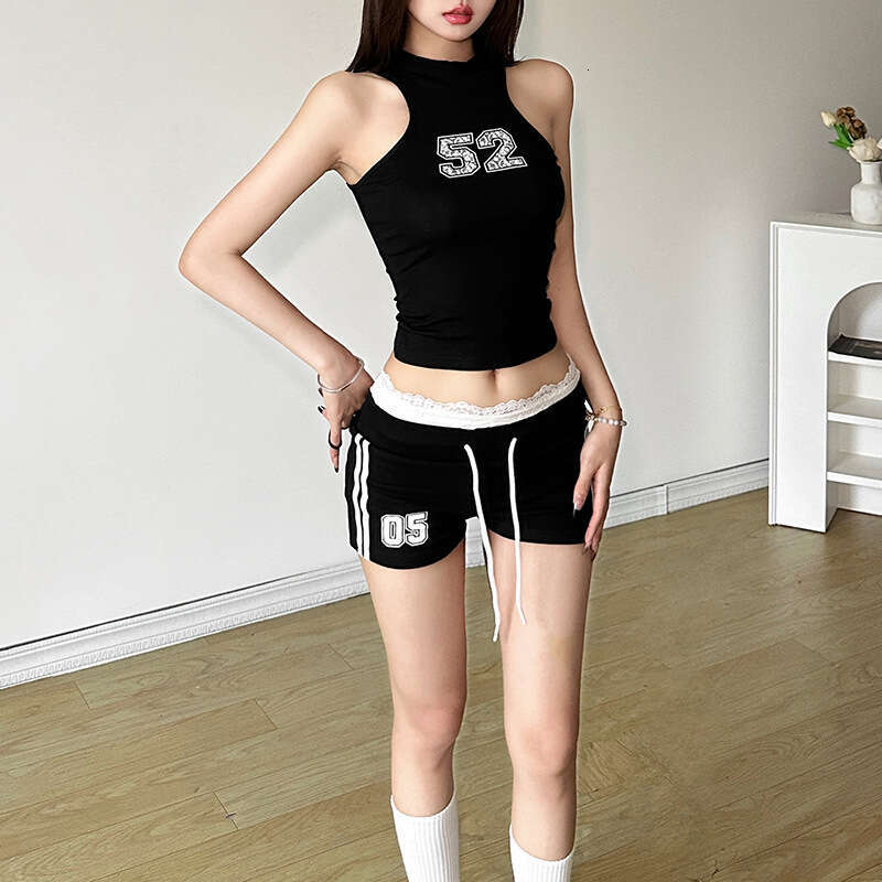 2024 Summer New Women's Solid Color Round Neck Sleeveless Top Fashion Low Waist Shorts Set for Women 05f