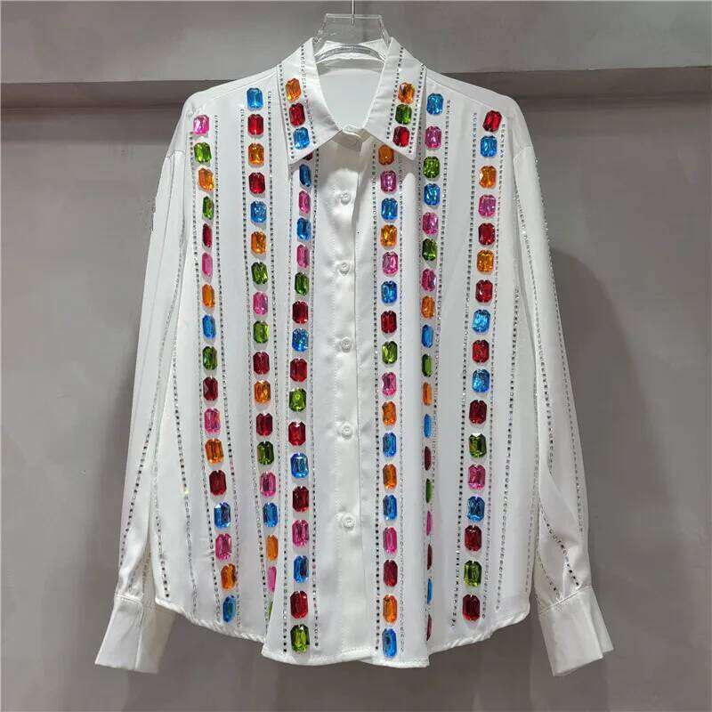 Women's Shirt Loose Single Breasted Striped Rhinestone Handmade Color Dia Blouse Summer 2025 New Fashion 29A1519