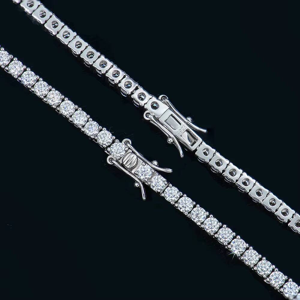 White Gold Silver Iced Out Moissanite Diamond Tennis Chain Necklace for Men Women 3mm Round Cut Moissanite 16/18/20/22/24inch
