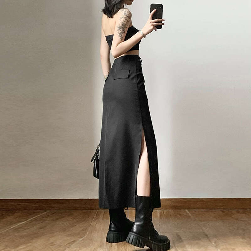2022 Autumn New Women's Solid Color Slim High Waist Street Fashion Split Sexy Skirt 89f