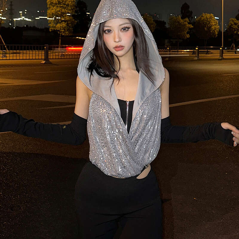 2023 Autumn Winter New Sexy Halter Neck Vest Hooded Sleeveless Cover-Up Two-Piece Set for Women 0de