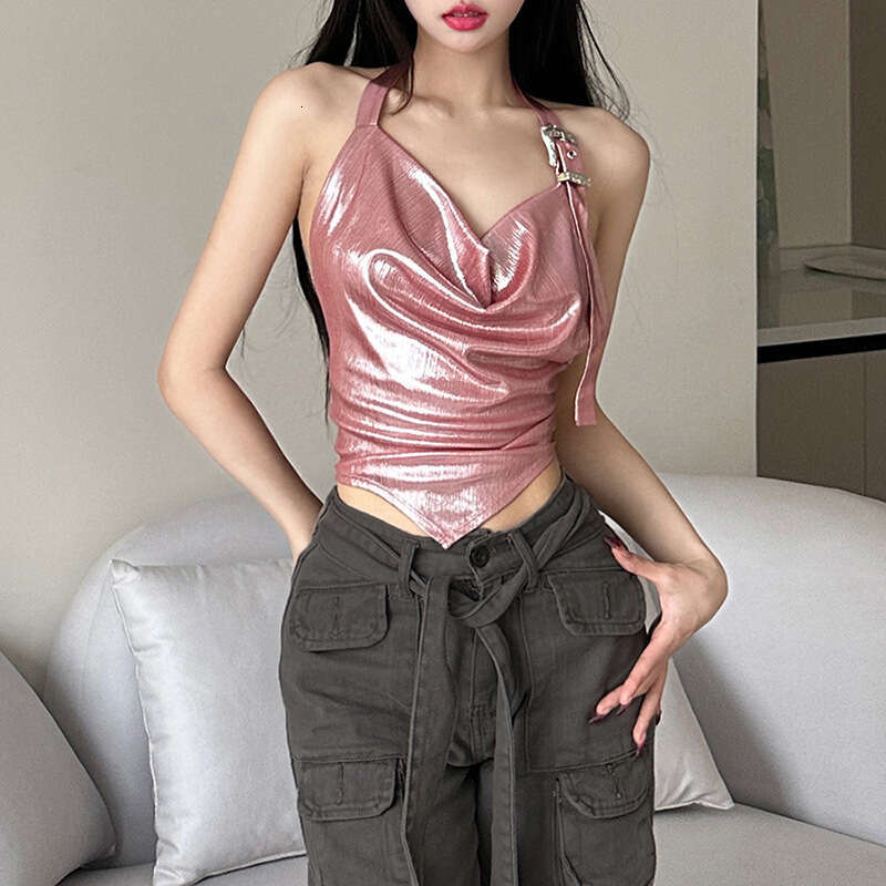 INS Style 2023 Spring Summer New Women's Fashion Slim Fit Halter Sexy Backless Reflective Tank Top 8c8