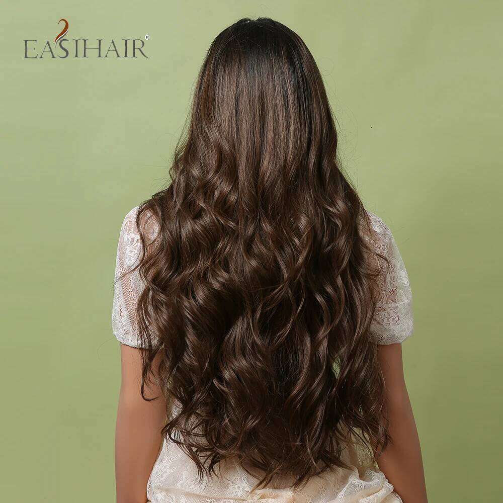 EASIHAIR Ombre Dark Brown Front Middle Part Long Body Wave Synthetic Lace Hair Wigs for Black Women Cosplay