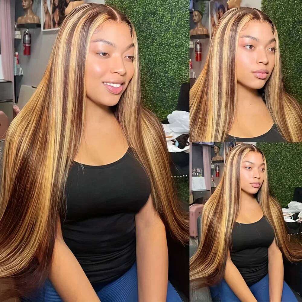 250 Density 13X6 Highlight Ombre Front Wig 4/27 Honey Blonde Human Hair Bone Straight Lace Frontal Wigs For Women