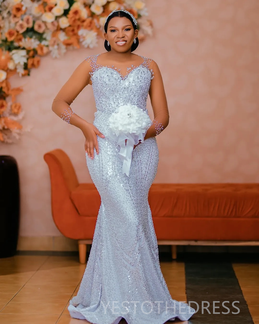 2025 Plus Size Wedding Dresses Bridal Gowns Mermaid Illusion Sheer Neck Long Sleeves Beaded Lace Tiered Tulle Nigeria Wedding Gowns for African Black 