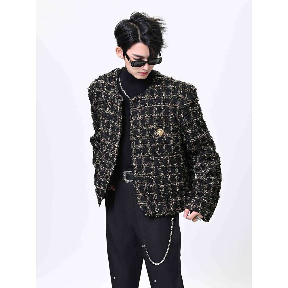 Male Small Fragrant Coats 2025 New Trendy Masculinity Tweed Plaid Long Sleeve Round Neck Tops Men's Chic Short Jackets